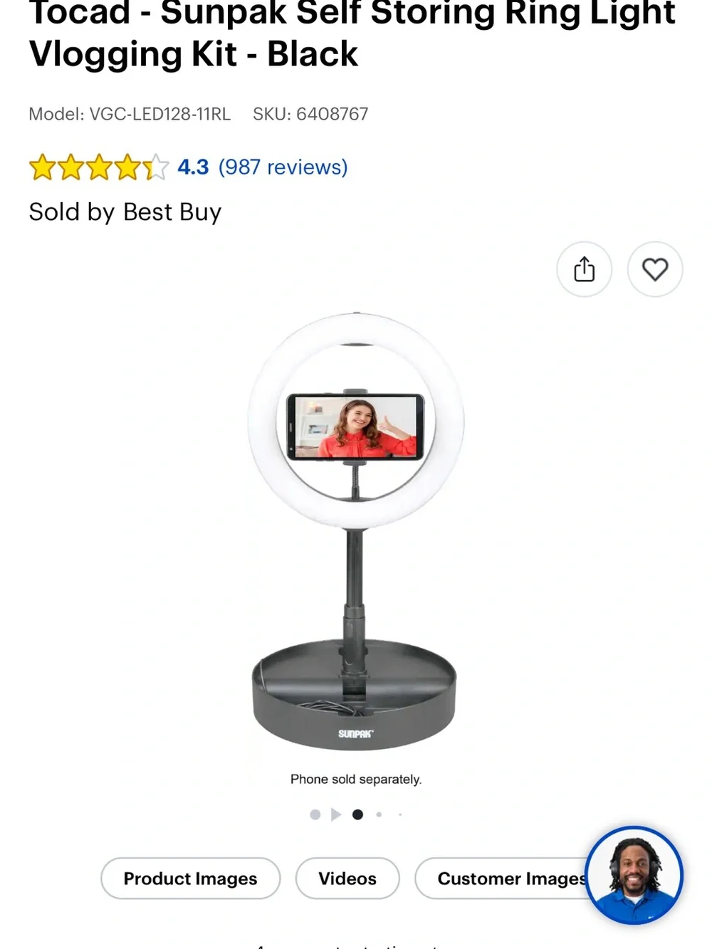 Black LED Ring Light Floor Lamp - Sunpak Vlogging Kit